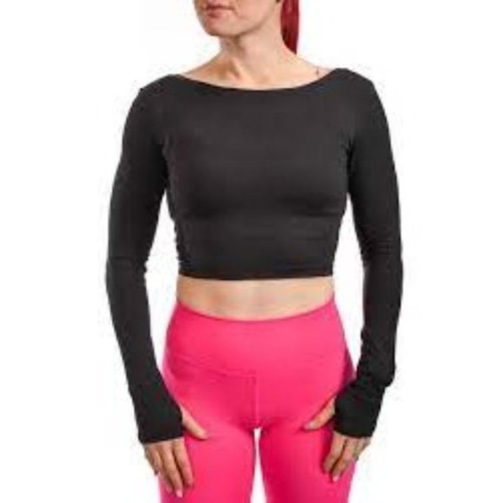 Til You Collapse black scoop open back long sleeve gym athletic crop top